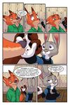  &lt;3 2018 akiric anthro bulletproof_vest canine clothed clothing comic covering_mouth dialogue dipstick_ears disney duo english_text female fox gloves_(marking) green_eyes hand_holding inside interrupting judy_hopps kissing_hand lagomorph male mammal markings nick_wilde police_uniform purple_eyes rabbit speech_bubble text uniform wet zootopia 