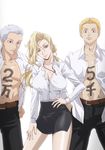  2boys anime_coloring ballroom_e_youkoso blonde_hair blouson_chiemi body_writing breasts brown_eyes character_request cleavage dress_shirt highres hyoudou_marisa jewelry kyabakurabakufu large_breasts lips long_hair multiple_boys necklace open_clothes open_shirt parody shirt side_slit translation_request white_background white_shirt 