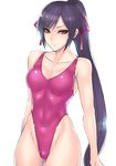  black_eyes black_hair breasts collarbone covered_navel cowboy_shot hai_(h81908190) hair_ribbon highleg highleg_swimsuit long_hair medium_breasts one-piece_swimsuit original ponytail red_ribbon red_swimsuit ribbon simple_background solo standing swimsuit white_background 
