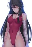  bandaged_arm bandages black_choker black_hair breasts choker cleavage collarbone covered_navel cowboy_shot hai_(h81908190) hair_between_eyes highleg highleg_swimsuit long_hair medium_breasts one-piece_swimsuit parted_lips red_swimsuit simple_background solo standing swimsuit tales_of_(series) tales_of_berseria velvet_crowe white_background yellow_eyes 