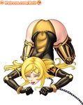  1girl ahegao all_fours armor ass blonde_hair boots chains drag-on_dragoon drag-on_dragoon_3 five_(drag-on_dragoon) gauntlets hairclip leotard long_hair open_mouth reit shiny shiny_hair shiny_skin smile solo thigh_boots tongue tongue_out top-down_bottom-up yellow_eyes 