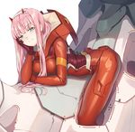  aqua_eyes arm_support bangs blunt_bangs blush bodysuit breasts closed_mouth darling_in_the_franxx eyebrows_visible_through_hair fangxiang_cuoluan hairband hand_on_own_cheek head_rest horns long_hair looking_at_viewer mecha medium_breasts pilot_suit pink_hair red_bodysuit shiny shiny_clothes smile solo straddling tsurime white_hairband zero_two_(darling_in_the_franxx) 