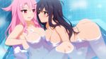  2girls ass bath black_hair blush breasts brown_eyes cleavage game_cg long_hair nude pink_eyes pink_hair thighhighs wanaca water white winged_cloud 