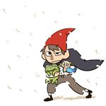  1girl animal beatrice_(over_the_garden_wall) bird black_eyes cape carrying frog haku_le hat looking_away over_the_garden_wall pants short_hair simple_background snow snowing walking white_background wirt_(over_the_garden_wall) 