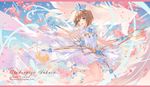  angel_wings antenna_hair artist_name brown_hair card cardcaptor_sakura cherry_blossoms clear_card copyright_name cowboy_shot criin crown dress green_eyes highres kero kinomoto_sakura magical_girl md5_mismatch petals short_hair standing standing_on_one_leg wand wings yume_no_tsue 