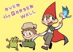  2boys :d animal beatrice_(over_the_garden_wall) bird black_eyes blush blush_stickers brothers cape copyright_name frog gregory_(over_the_garden_wall) haku_le happy hat long_sleeves looking_at_another multiple_boys open_mouth over_the_garden_wall overalls pants short_hair siblings simple_background smile teapot wirt_(over_the_garden_wall) yellow_background 