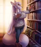  2018 5_fingers anthro big_breasts book breasts canine clothed clothing digital_media_(artwork) female fox hair inside mammal shariea smile solo stanidng white_hair yellow_eyes 