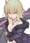  ahoge bangs blonde_hair breasts cleavage commentary fate/grand_order fate_(series) fingernails fur_collar hair_between_eyes jeanne_d'arc_(alter)_(fate) jeanne_d'arc_(fate)_(all) jewelry medium_breasts necklace purple_coat short_hair solo tim_loechner tongue white_background wicked_dragon_witch_ver._shinjuku_1999 yellow_eyes 
