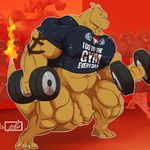  2017 3_toes 4_fingers abs anthro anthrofied balls barefoot biceps big_balls big_muscles big_penis biped blue_eyes bottomless brown_horn brown_scales brown_tail charizard charkonian_graotl_ard circumcision_request clenched_teeth clothed clothing danandnite detailed_background digital_media_(artwork) dragon dumbbell exercise eye_scar facial_scar fan_character flaccid flaming_tail foreskin front_view full-length_portrait gym holding_object horn humanoid_penis inside jewelry long_tail male muscular muscular_male navel necklace nintendo nipple_bulge nipples pecs pendant penis pink_nipples pok&eacute;mon pok&eacute;mon_(species) pok&eacute;morph portrait quads scales scalie scar signature snout solo standing tattoo teeth thick_tail toes uncut video_games weightlifting weights workout 