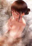  absurdres asaba0327 bangs bathing between_breasts blunt_bangs blush breasts brown_eyes brown_hair collarbone fingernails folded_ponytail groin hand_between_breasts hand_on_own_chest highres large_breasts looking_at_viewer nipples nose_blush nude onsen original partially_submerged pubic_hair rock shiny shiny_skin short_hair sidelocks sitting solo sweat thigh_gap water 