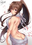  alternate_costume artist_name ass backless_dress backless_outfit bare_back blush breasts brown_hair butt_crack cherry_blossoms dress fingernails gradient gradient_background grey_sweater hair_between_eyes hair_intakes halter_dress halterneck hand_on_own_arm holding_arm kantai_collection large_breasts lips long_hair looking_at_viewer meme_attire naked_sweater pink_eyes ponytail ribbed_sweater sakiyamama sideboob simple_background smile solo sweater turtleneck upper_body very_long_hair virgin_killer_sweater yamato_(kantai_collection) 