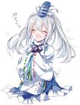  :d alternate_hairstyle bangs blush closed_eyes commentary_request facing_viewer hands_in_opposite_sleeves hat long_hair mononobe_no_futo neck_ribbon open_mouth ribbon ribbon-trimmed_sleeves ribbon_trim signature silver_hair smile solo tate_eboshi touhou translation_request twintails upper_body white_background wide_sleeves yukimiya_(parupunta) 