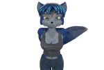  2018 3d_(artwork) anthro blue_fur blue_hair breasts canine clothed clothing cute digital_media_(artwork) female fox fur green_eyes hair hi_res jeans krystal looking_at_viewer mammal nintendo pants shirt simple_background smile solo standing star_fox themeshow101 video_games white_fur 