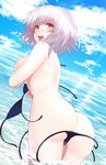  ahoge ass bangs bikini black_bikini blue_sky blush breasts cloud commentary_request covering covering_breasts day embarrassed eyebrows_visible_through_hair fate/grand_order fate_(series) from_behind highres jeanne_d'arc_(alter)_(fate) jeanne_d'arc_(fate)_(all) large_breasts leaning_forward looking_at_viewer looking_back nose_blush open_mouth outdoors partially_visible_vulva round_teeth short_hair shunichi silver_hair sky solo standing sunlight swimsuit tearing_up teeth topless wading wardrobe_malfunction water 