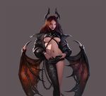  asymmetrical_clothes breasts chain demon_girl demon_wings forehead grey_hair horns jacket leather leather_jacket lee_do_kyung lips long_hair looking_at_viewer low_wings md5_mismatch medium_breasts navel off_shoulder open_fly orange_eyes original red_hair revealing_clothes single_pantsleg solo succubus underboob wings 