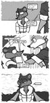  ... 2018 anthro canine clothing coat comic dialogue disney duke_weaselton english_text fox fur gloves_(marking) greyscale luraiokun male mammal markings monochrome mustelid nick_wilde shoulder_grab snow speech_bubble text weasel zootopia 