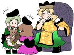  black_hat blonde_hair blush boots brown_hair brown_hat chair dress green_dress green_hair green_skirt hat head_rest holding holding_stuffed_animal long_hair long_sleeves looking_at_another matara_okina multiple_girls nishida_satono open_mouth puffy_short_sleeves puffy_sleeves purple_dress short_hair_with_long_locks short_sleeves sitting skirt stuffed_animal stuffed_toy tabard tate_eboshi teddy_bear teireida_mai touhou white_background wide_sleeves yanagita_(daitai_2_ton) 