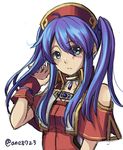  alternate_hairstyle ane-suisei blue_eyes blue_hair blush dress embarrassed fire_emblem fire_emblem:_fuuin_no_tsurugi hat lilina long_hair simple_background solo twintails 