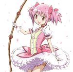  :d bow_(weapon) bubble_skirt choker cowboy_shot gloves hair_ribbon holding holding_bow_(weapon) holding_weapon kaname_madoka kinfuji looking_to_the_side magical_girl mahou_shoujo_madoka_magica open_mouth pink_eyes pink_hair pink_ribbon ribbon short_hair short_twintails simple_background skirt smile solo twintails weapon white_background white_gloves 