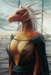  2017 anthro argonian breasts clothing daenerys_targaryen digital_media_(artwork) dragon female game_of_thrones general: hair hbo hi_res horn lenika reptile scales scalie smile solo the_elder_scrolls video_games western_dragon 