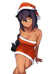  absurdres arm_support arms_at_sides bare_shoulders black_hair braid breasts cleavage crossed_legs dress from_above hair_between_eyes hair_flaps hat highres jahy jahy_sama_wa_kujikenai konbu_wakame large_breasts long_hair official_art parted_lips red_dress santa_costume santa_hat short_dress simple_background sitting solo strapless strapless_dress very_long_hair white_background yellow_eyes 