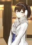  alternate_costume blue_skirt brown_eyes brown_hair commentary earmuffs indoors kaga_(kantai_collection) kantai_collection kyougoku_touya long_hair looking_at_viewer mitsukoshi_(department_store) scarf side_ponytail skirt smile solo upper_body white_coat white_scarf 