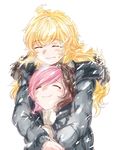  check_commentary closed_eyes coat commentary_request height_difference highres hug hug_from_behind multiple_girls neo_(rwby) rwby snowing tl yang_xiao_long yuri 