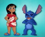  2015 3_toes 4_fingers 5_toes alien black_hair blue_claws blue_eyes blue_fur blue_nose blush brown_eyes chest_tuft claws clothed clothing disney duo experiment_(species) footwear fur hair hand_behind_back hand_on_hip head_tuft hi_res human lilo_and_stitch lilo_pelekai long_hair looking_at_viewer mammal muumuu notched_ear nude open_mouth open_smile sandals sb99stuff simple_background smile standing stitch tan_skin teal_background toes toony tuft 