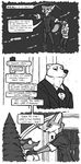  2018 anthro bear canine clothing coat comic dialogue disney duke_weaselton english_text fox fur gloves_(marking) greyscale luraiokun male mammal markings monochrome mustelid necktie nick_wilde polar_bear shoulder_grab speech_bubble text tree weasel zootopia 