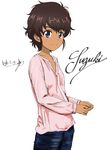  artist_name blouse blue_eyes blue_pants brown_hair bukkuri casual character_name closed_mouth cursive dark_skin dated girls_und_panzer long_sleeves looking_at_viewer messy_hair pants pink_blouse short_hair signature simple_background sketch smile solo standing suzuki_(girls_und_panzer) upper_body white_background 
