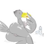  2018 anthro avian beak bird breasts butt cream digital_media_(artwork) feathers female grey_feathers laen_patisson lf looking_at_viewer looking_back nude open_mouth pose pussy rear_view shoebill side_boob simple_background sucking white_background wings yellow_beak 