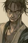  bangs blade_of_the_immortal chest closed_mouth collarbone cross_scar facial_hair frown grey_background hankuri looking_at_viewer male_focus manji messy_hair monochrome one-eyed scar scar_across_eye serious sideways_glance simple_background solo stubble upper_body 