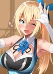  ;d amano_don armpits bad_id bad_pixiv_id bare_shoulders blonde_hair blue_eyes blue_flower blue_rose blush breasts center_opening cleavage elbow_gloves eyebrows_visible_through_hair flower gloves half-closed_eyes heart highres large_breasts long_hair looking_at_viewer mirai_akari mirai_akari_project one_eye_closed open_mouth rose side_ponytail smile solo upper_body virtual_youtuber white_gloves 