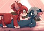  2017 amber_eyes anthro bed black_nose blue_eyes blue_fur blush breasts cat duo eye_contact feline female fur grey_hair hair hi_res inside lying male male/female mammal nude on_back open_mouth rag._(artist) red_fur red_hair white_fur 