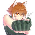  absurdres animal_ears antenna_hair blazblue blurry blush breasts brown_hair clenched_hands depth_of_field fingerless_gloves gloves highres large_breasts looking_at_viewer makoto_nanaya multicolored_hair orange_eyes punching shirt smile solo squirrel_ears squirrel_girl taut_clothes taut_shirt thore_(nathalukpol) two-tone_hair upper_body white_background 