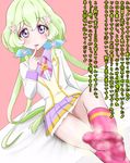  1girl aikatsu! aikatsu_stars! feet finger_to_mouth futaba_aria green_hair highres long_hair looking_at_viewer low_twintails no_shoes pantyshot parted_lips pink_legwear pov pov_feet purple_eyes smell soles steam translated 