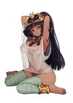 arms_behind_head arms_up bandages barbariank barefoot blush breasts cleavage crown dark_skin egyptian eyebrows_visible_through_hair full_body head_tilt highres jewelry large_breasts long_hair looking_at_viewer monster_girl_encyclopedia nipples no_bra no_panties pharaoh_(monster_girl_encyclopedia) purple_hair red_eyes see-through simple_background sitting smile solo very_long_hair wariza white_background 