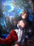  animal_ears blush breasts brooch brown_hair cleavage collarbone commentary_request crescent_moon highres imaizumi_kagerou jewelry large_breasts long_skirt long_sleeves looking_at_viewer looking_up moon nature off-shoulder_shirt off_shoulder outdoors red_eyes satoji_(ochanomkmskry) shirt sitting skirt solo tail touhou tree wolf_ears wolf_tail 