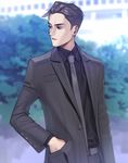  aconitea artist_name black_eyes black_hair blurry building bush depth_of_field earrings formal hand_in_pocket highres jewelry looking_to_the_side male_focus necktie original solo stud_earrings suit upper_body 