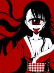  :p bangs breasts commentary_request cyclops japanese_clothes kimono long_hair long_sleeves looking_at_viewer medium_breasts monochrome obi off_shoulder one-eyed original red red_background sash shake-o simple_background single_bare_shoulder smile solo tongue tongue_out upper_body 