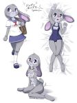  blush breasts camel_toe cleavage clothed clothing dakimakura_design disney female furboz judy_hopps kneeling lagomorph mammal multiple_poses off_shuolder one-piece_swimsuit pose rabbit school_uniform simple_background solo swimsuit tight_clothing uniform white_background zootopia 