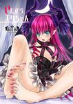  1girl blue_eyes crescent_moon cum cum_on_feet cum_on_lower_body doujin_cover dragon_girl elizabeth_bathory_(fate) fang fate/extra_ccc fate/grand_order fate_(series) feet horns legs long_hair looking_at_viewer moon nails open_mouth pink_hair pointy_ears sharp_nails toes 