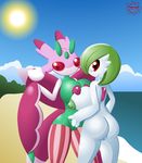  2016 anthro beach big_breasts breast_squish breasts breasts_frottage detailed_background duo female female/female gardevoir green_areola green_body green_hair green_nipples hair hi_res humanoid inverted_nipples looking_at_viewer looking_back lurantis nintendo nipples outside pink_areola pink_body pink_nipples pok&eacute;mon pok&eacute;mon_(species) pussy rear_view red_body red_eyes screwroot sea seaside sky smile stripes sun video_games water white_body 