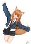  alternate_costume animal_ears brown_hair coat eyebrows_visible_through_hair holo long_hair open_mouth red_eyes shorts simple_background sleeves_past_wrists smile solo spice_and_wolf tail viktorf wolf_ears wolf_girl wolf_tail 