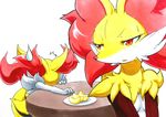  025aki absurd_res blush braixen breasts delphox female food half-closed_eyes hi_res nintendo nude open_mouth plate pok&eacute;mon pok&eacute;mon_(species) red_eyes simple_background small_breasts sweat sweatdrop table traditional_media_(artwork) video_games white_background 