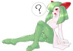  1girl ? arm_support blush breasts collarbone erect_nipples eyebrows_visible_through_hair feet female full_body green_hair hair_ovr_one_eye half-closed_eyes highres kirlia no_humans no_pussy open_mouth pokemon pokemon_(creature) pokemon_rse red_eyes shichiri shiny_skin simple_background sitting small_breasts solo speech_bubble tongue white_background 