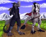  anthro barefoot black_hair brown_eyes clothed clothing day detailed_background digital_media_(artwork) duo hair holding_object holding_weapon male melee_weapon outside sergal sword tales_foxdale weapon wounded 