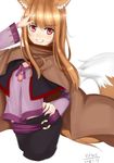  animal_ears brown_hair eyebrows_visible_through_hair hand_on_hip holo long_hair pants red_eyes simple_background smile solo spice_and_wolf tail viktorf wolf_ears wolf_girl wolf_tail 