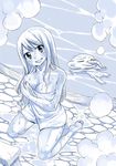  bare_shoulders barefoot blue breasts cleavage cobblestone fairy_tail kneeling large_breasts long_hair looking_at_viewer lucy_heartfilia mashima_hiro monochrome naked_towel onsen plue smile solo steam towel wet 