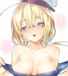  :o ahoge ayagi_daifuku bangs bare_shoulders blonde_hair blue_eyes blue_swimsuit blush breasts breasts_apart collarbone eyebrows_visible_through_hair glasses half-closed_eyes hat head_tilt heart heavy_breathing i-8_(kantai_collection) kantai_collection long_hair looking_at_viewer medium_breasts naughty_face open_mouth pulled_by_self red-framed_eyewear semi-rimless_eyewear signature simple_background solo strap_pull sweat swimsuit translation_request under-rim_eyewear undressing upper_body white_background white_hat 
